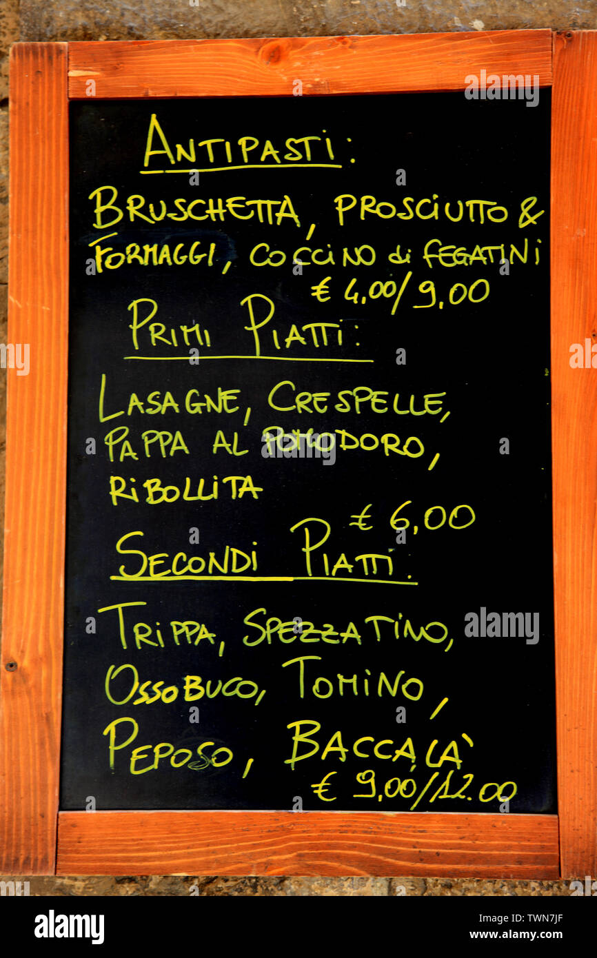 Blackboard menu outside a restaurant in Tuscany Italy Stock Photo