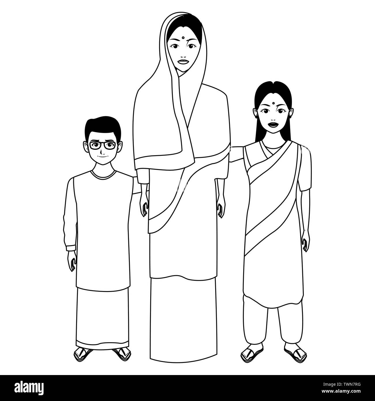 indian family avatar cartoon character in black and white Stock Vector ...