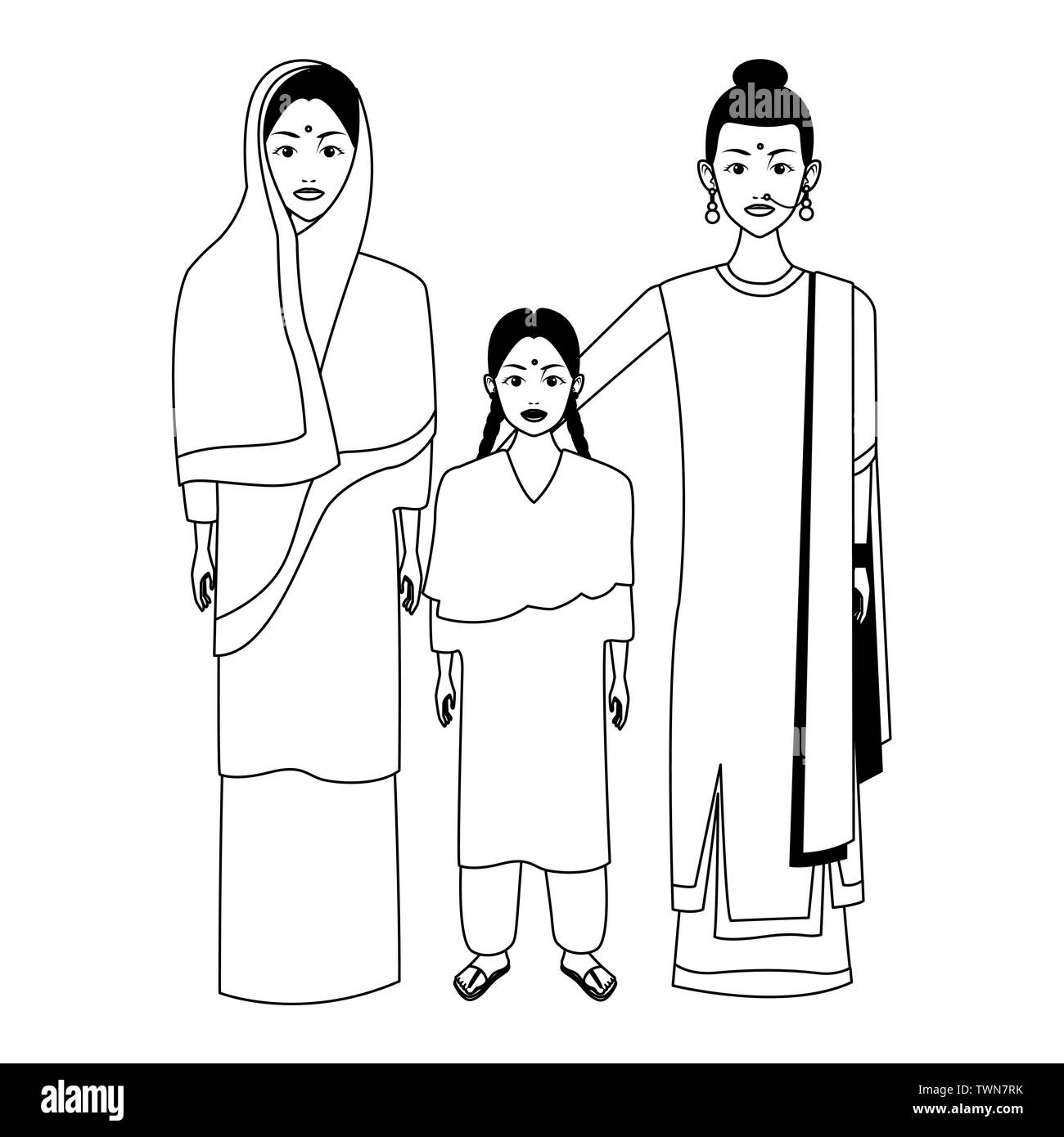 indian family avatar cartoon character in black and white Stock Vector ...