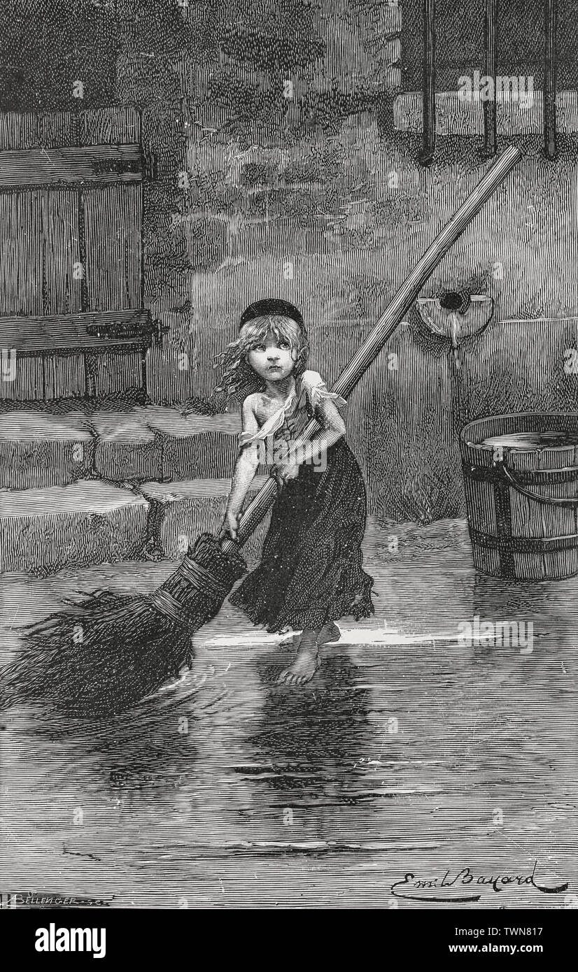 Émile Bayard, Cosette sweeping, 1862, reproduced in Victor Hugo, Les Misérables Stock Photo