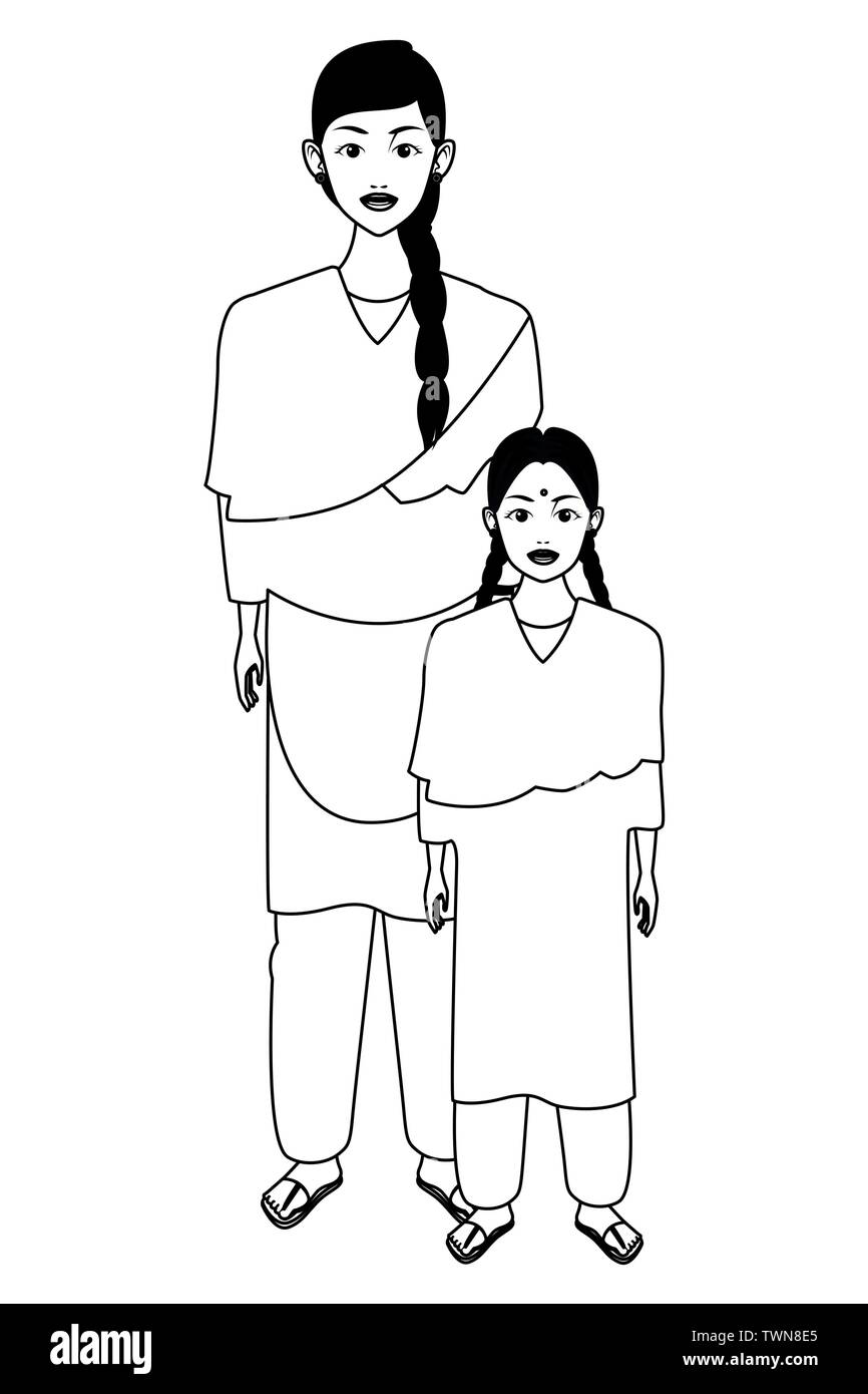 indian family avatar cartoon character in black and white Stock Vector ...