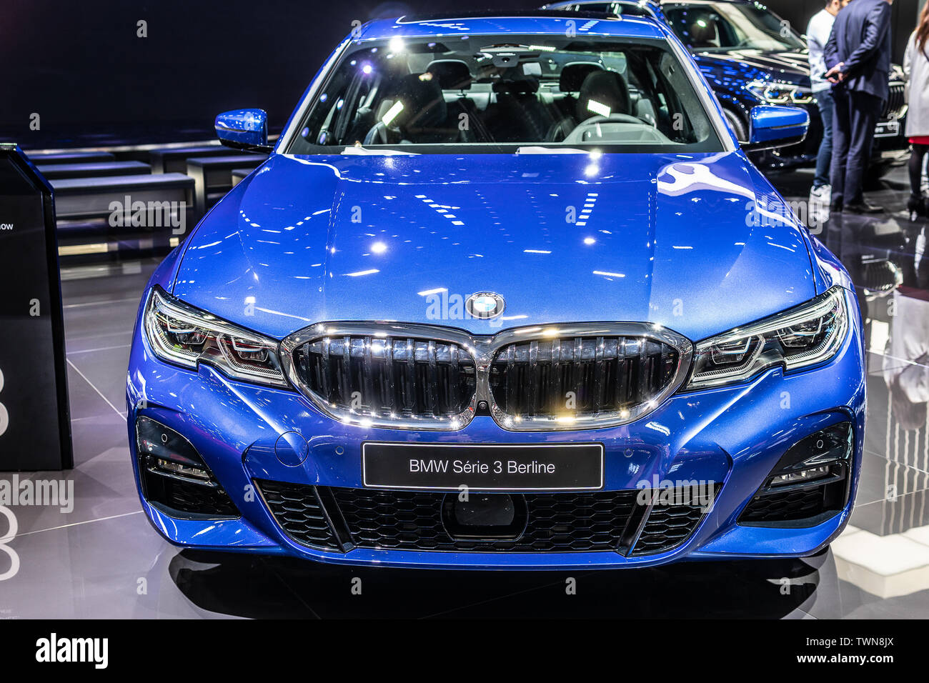 Paris, France, Oct 06, 2018 metallic blue all new BMW 3 Series Sedan ...