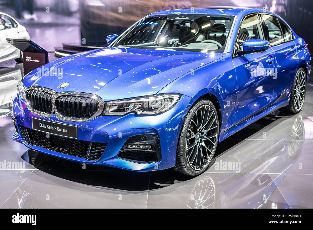 Paris, France, Oct 06, 2018 metallic blue all new BMW 3 Series Sedan ...