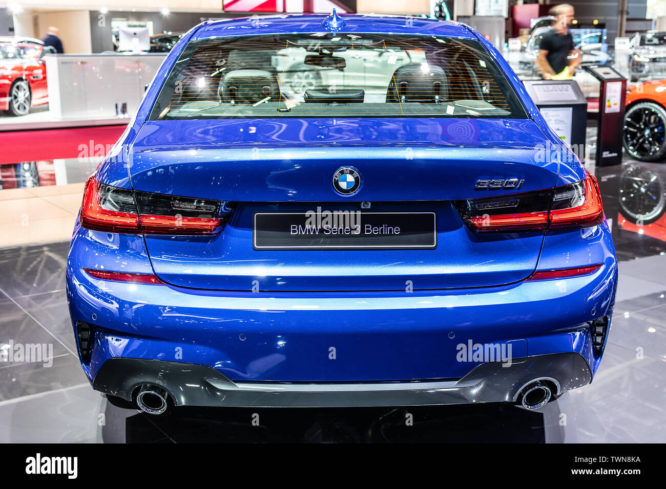 Paris, France, Oct 06, 2018 metallic blue all new BMW 3 Series Sedan Berline 330i at Mondial Paris Motor Show, 7th gen, G20 manufactured by BMW Stock Photo