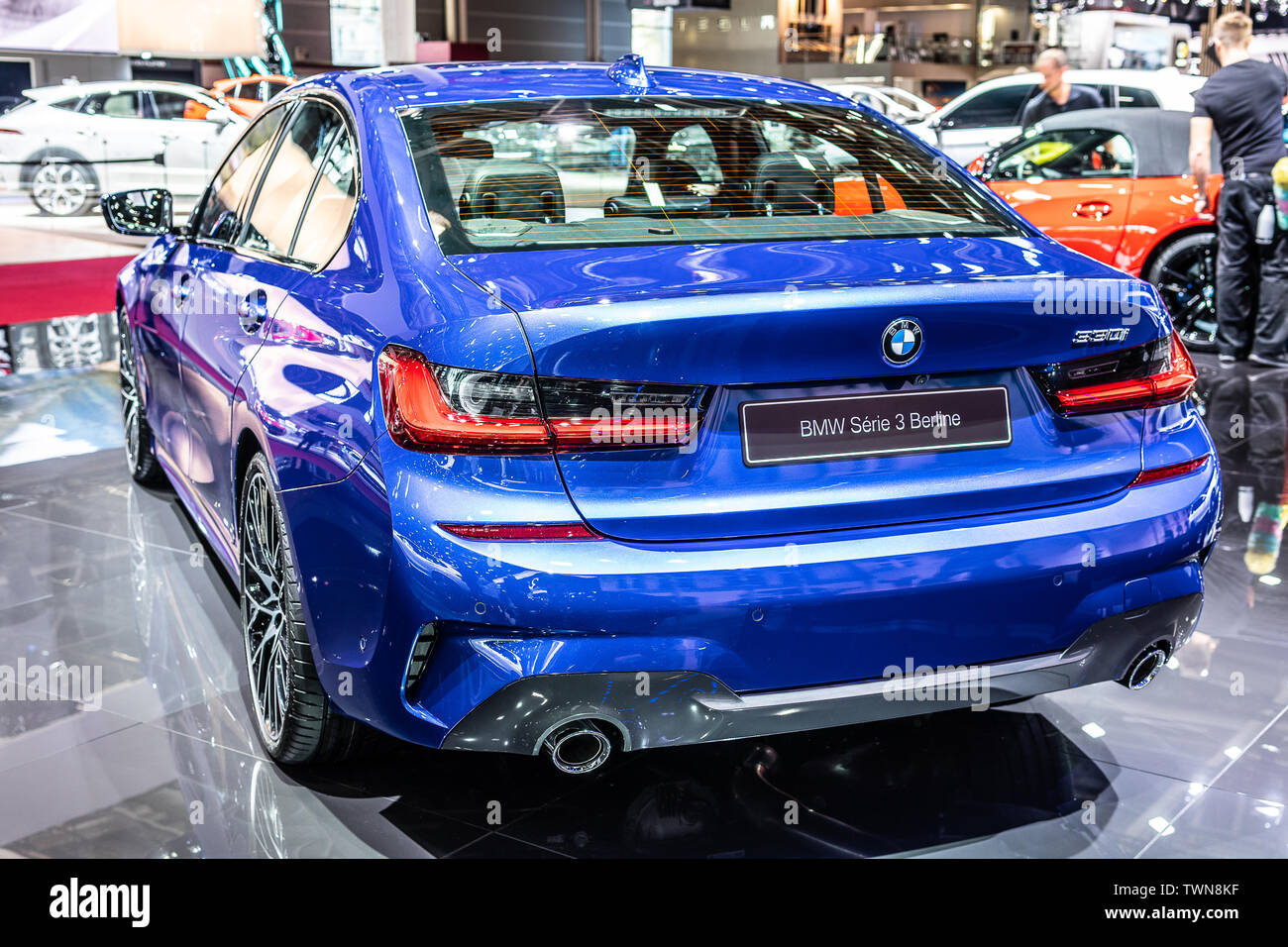 Paris, France, Oct 06, 2018 metallic blue all new BMW 3 Series Sedan ...