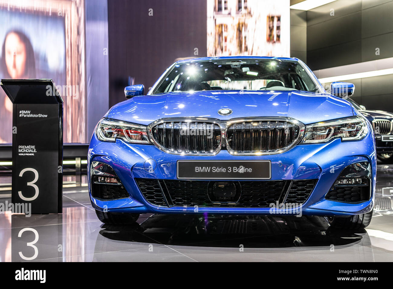 Paris, France, Oct 06, 2018 metallic blue all new BMW 3 Series Sedan Berline 330i at Mondial Paris Motor Show, 7th gen, G20 manufactured by BMW Stock Photo