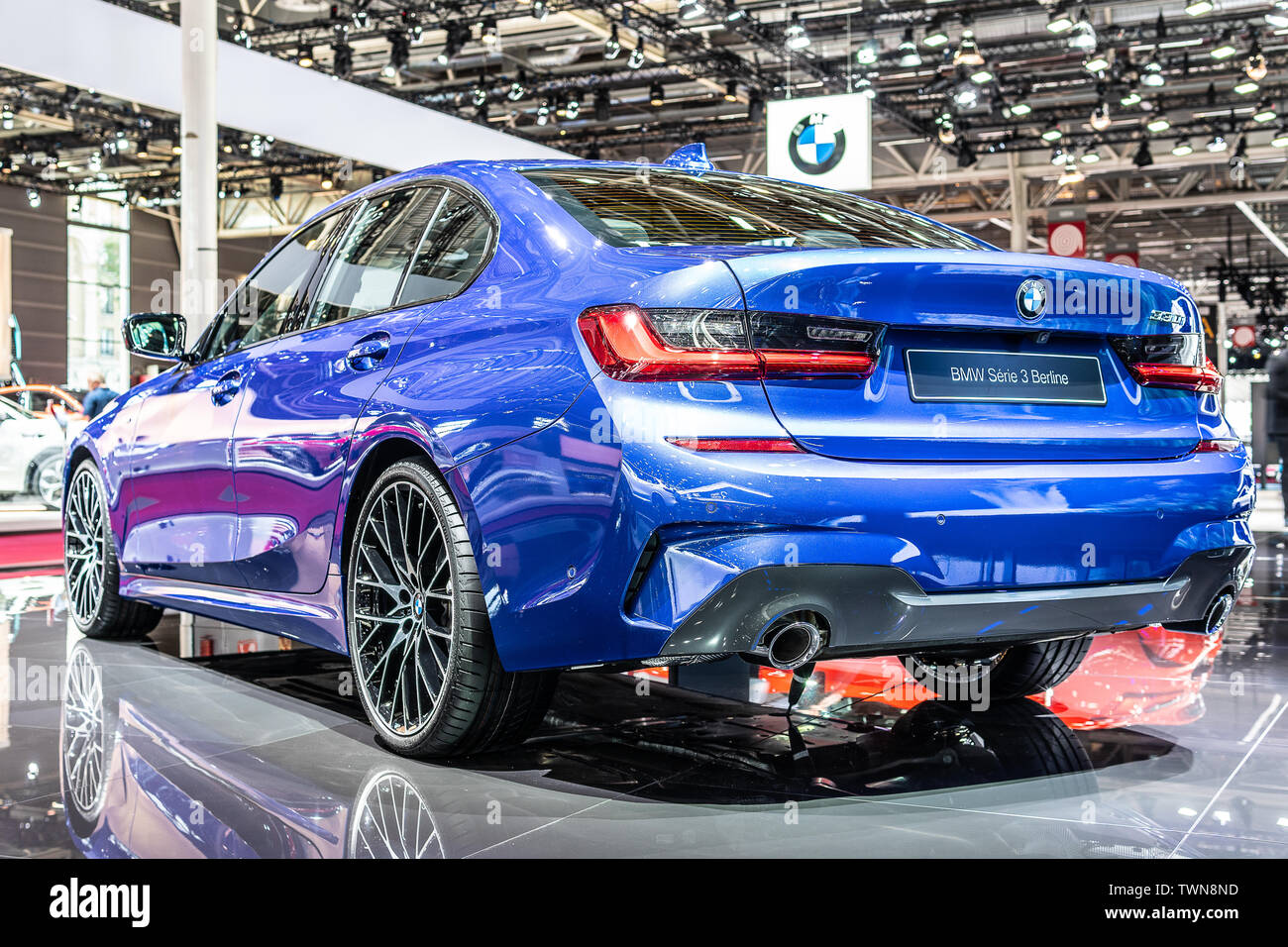 Paris, France, Oct 06, 2018 metallic blue all new BMW 3 Series Sedan Berline 330i at Mondial Paris Motor Show, 7th gen, G20 manufactured by BMW Stock Photo