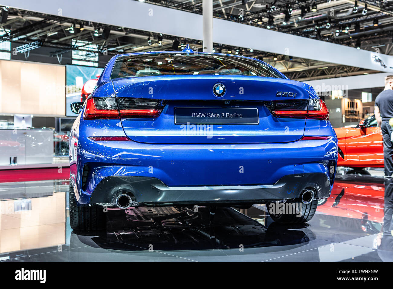 Paris, France, Oct 06, 2018 metallic blue all new BMW 3 Series Sedan ...