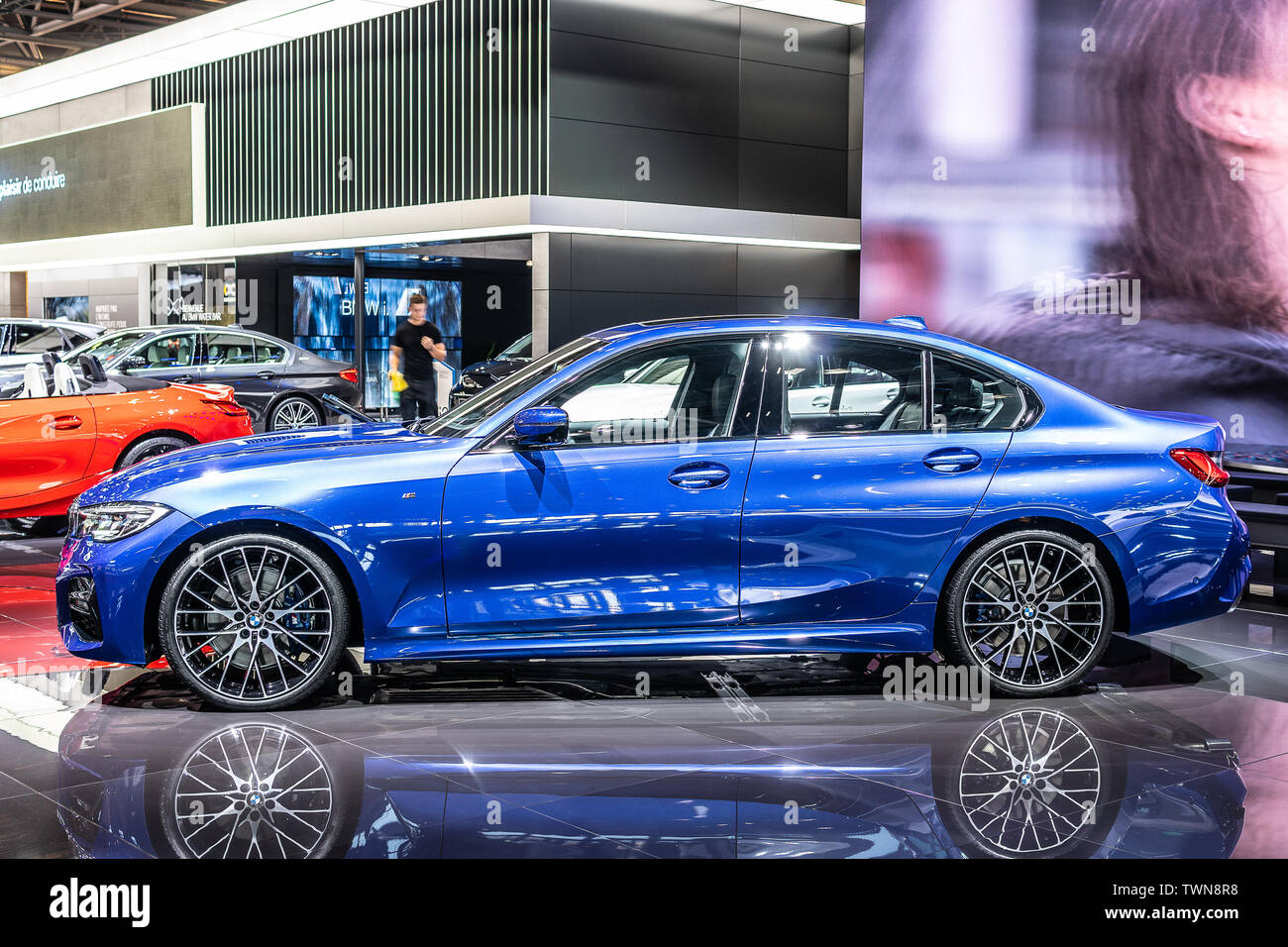Paris, France, Oct 06, 2018 metallic blue all new BMW 3 Series Sedan Berline 330i at Mondial Paris Motor Show, 7th gen, G20 manufactured by BMW Stock Photo