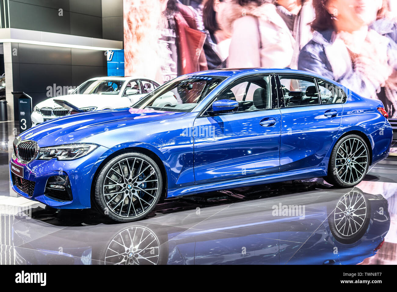 Paris, France, Oct 06, 2018 metallic blue all new BMW 3 Series Sedan Berline 330i at Mondial Paris Motor Show, 7th gen, G20 manufactured by BMW Stock Photo