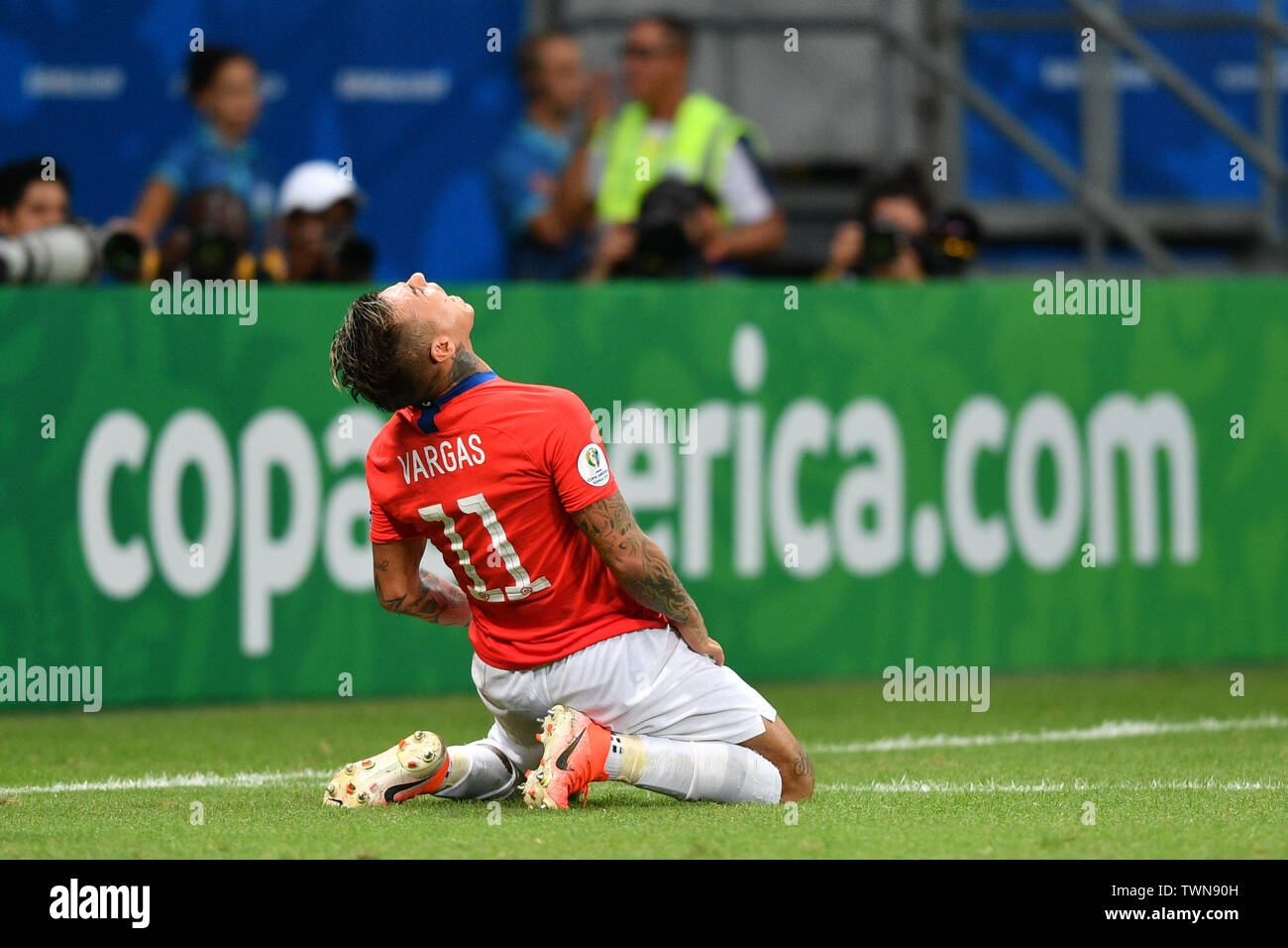 Salvador, Brazil. 21st June, 2019. Chile's Eduardo Vargas reacts during the Group C match between Chile and Ecuador at the Copa America 2019, held in Salvador, Brazil, June 21, 2019. Credit: Xin Yuewei/Xinhua/Alamy Live News Stock Photo