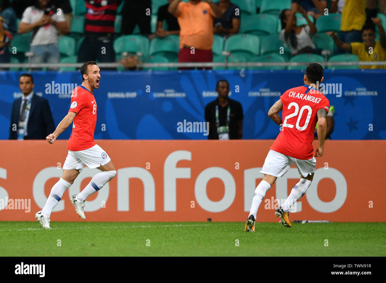 Salvador, Brazil. 21st June, 2019. Chile's Jose Pedro Fuenzalida(L) celebrates after scoring during the Group C match between Chile and Ecuador at the Copa America 2019, held in Salvador, Brazil, June 21, 2019. Credit: Xin Yuewei/Xinhua/Alamy Live News Stock Photo