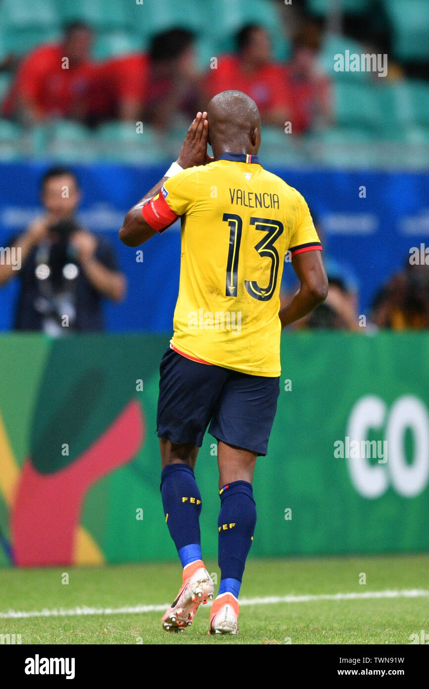 Salvador, Brazil. 21st June, 2019. Ecuador's Enner Valencia celebrates after scoring during the Group C match between Chile and Ecuador at the Copa America 2019, held in Salvador, Brazil, June 21, 2019. Credit: Xin Yuewei/Xinhua/Alamy Live News Stock Photo