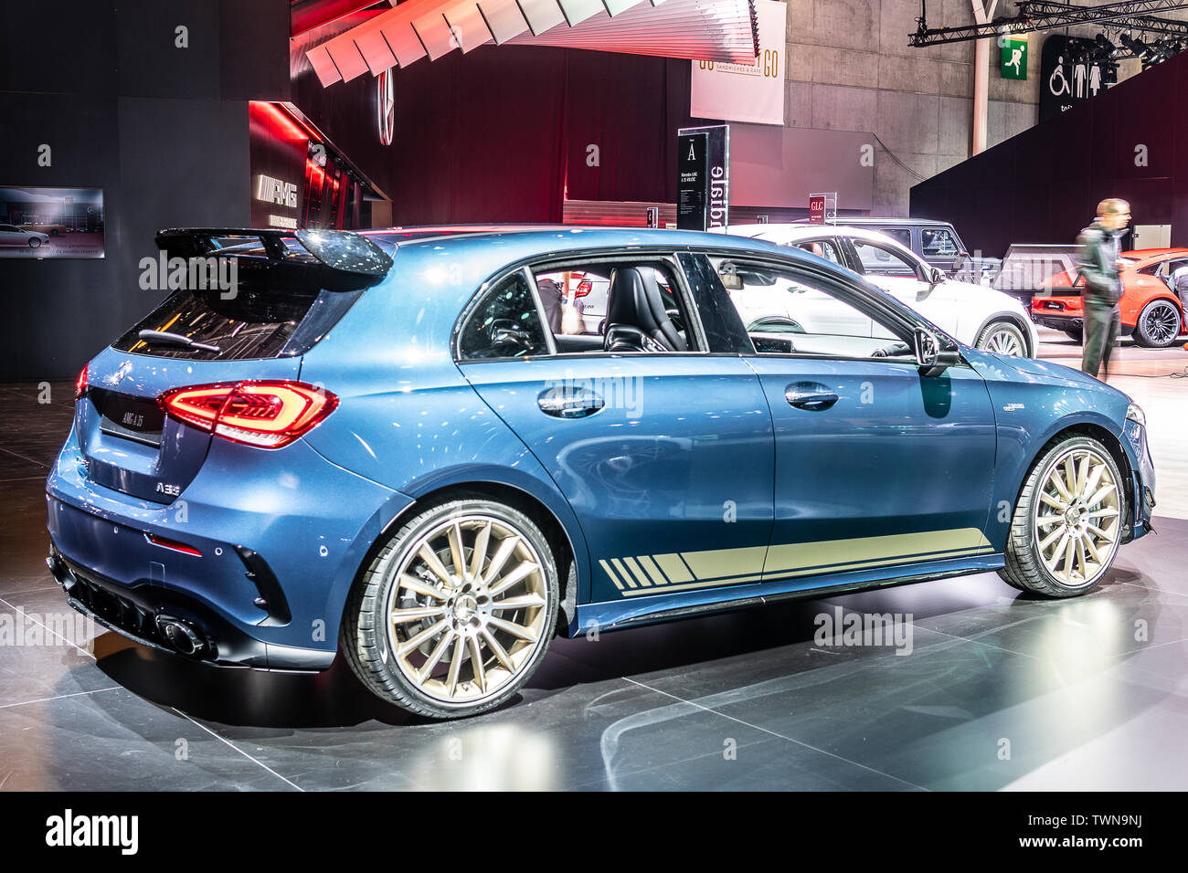 Paris, France, October 2018 blue Mercedes-AMG A 35 4MATIC+ at Mondial Paris  Motor Show, 4th gen A-class W177 produced by Mercedes Benz Stock Photo -  Alamy