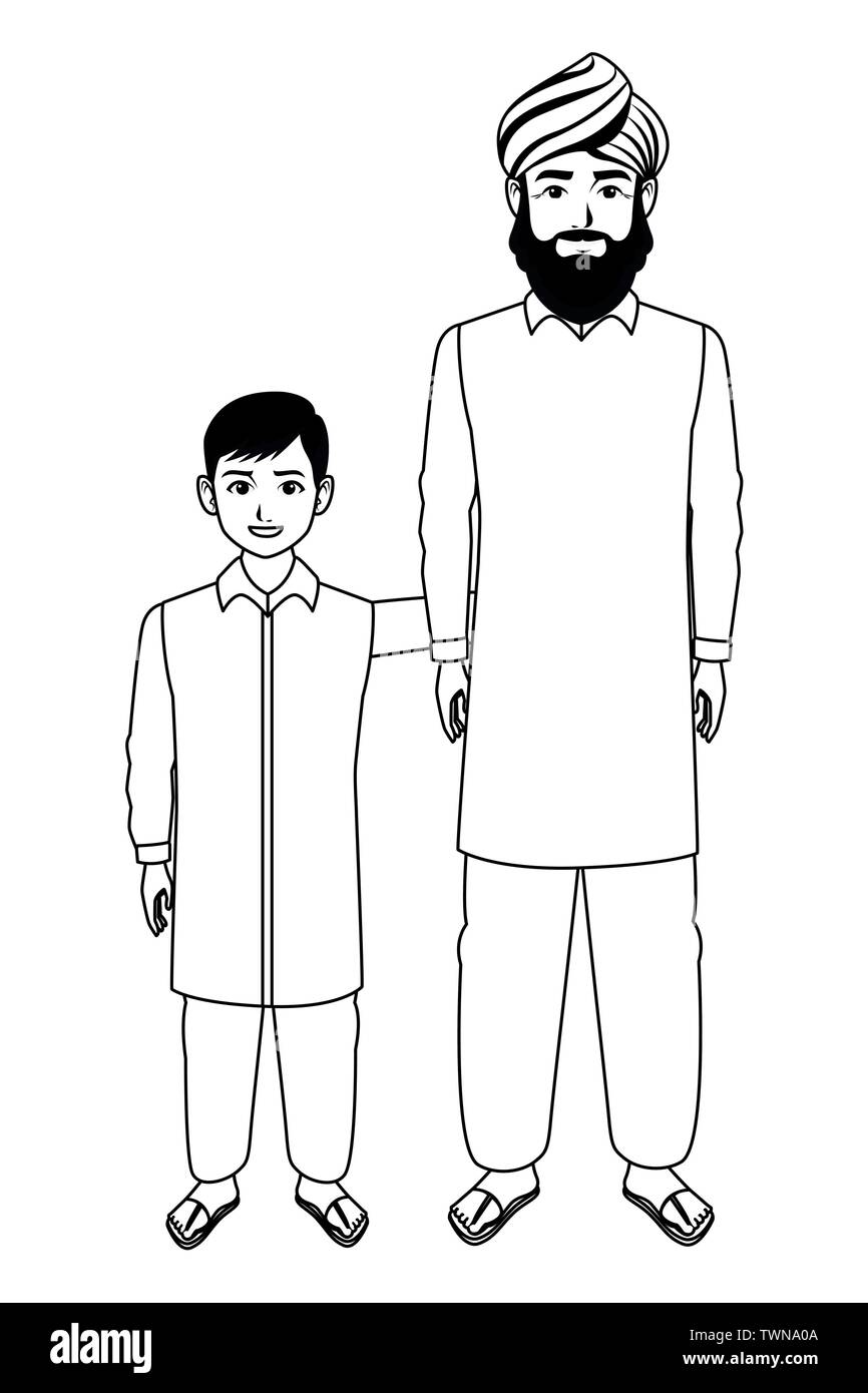 indian family avatar cartoon character in black and white Stock Vector ...