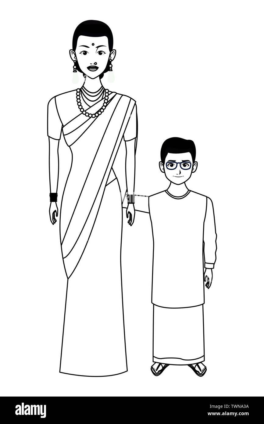 indian family avatar cartoon character in black and white Stock Vector ...