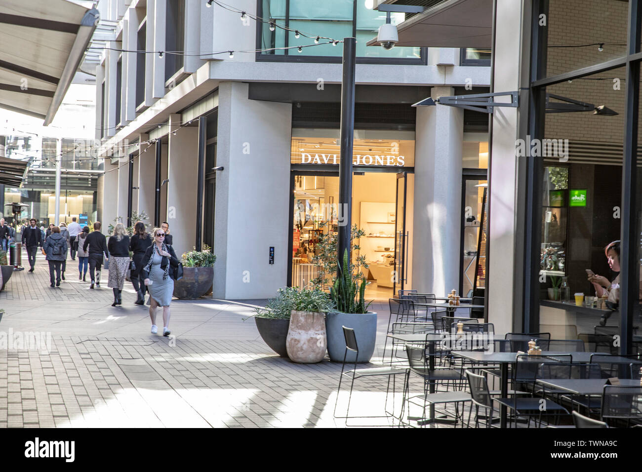 David Jones department store and adjacent cafe in Barangaroo area of Sydney city centre,Australia Stock Photo