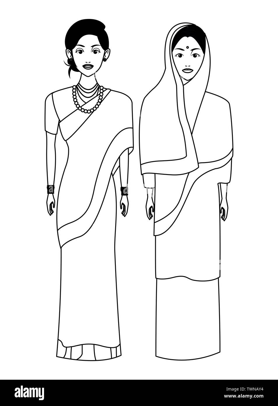 indian family avatar cartoon character in black and white Stock Vector ...