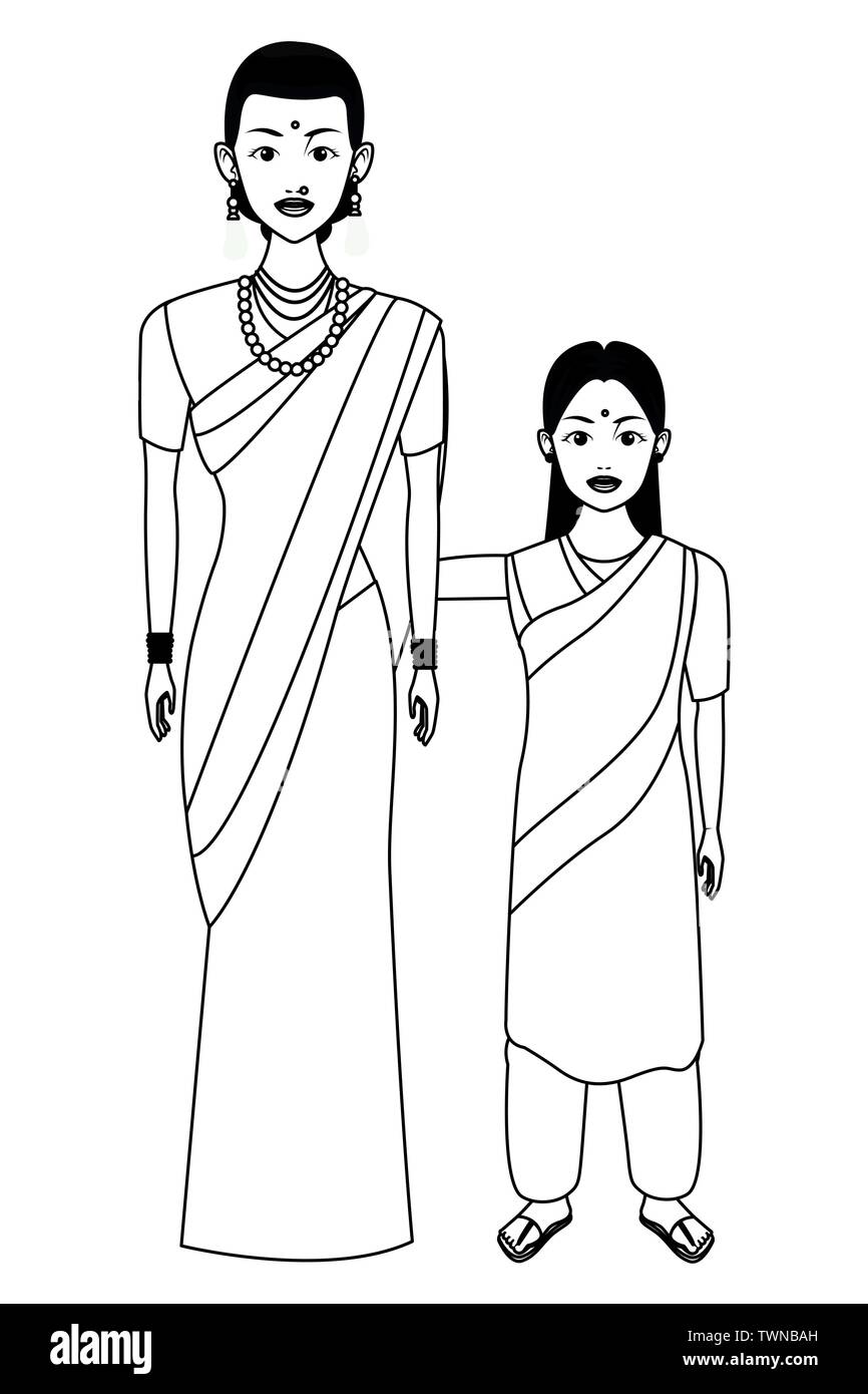 indian family avatar cartoon character in black and white Stock Vector ...