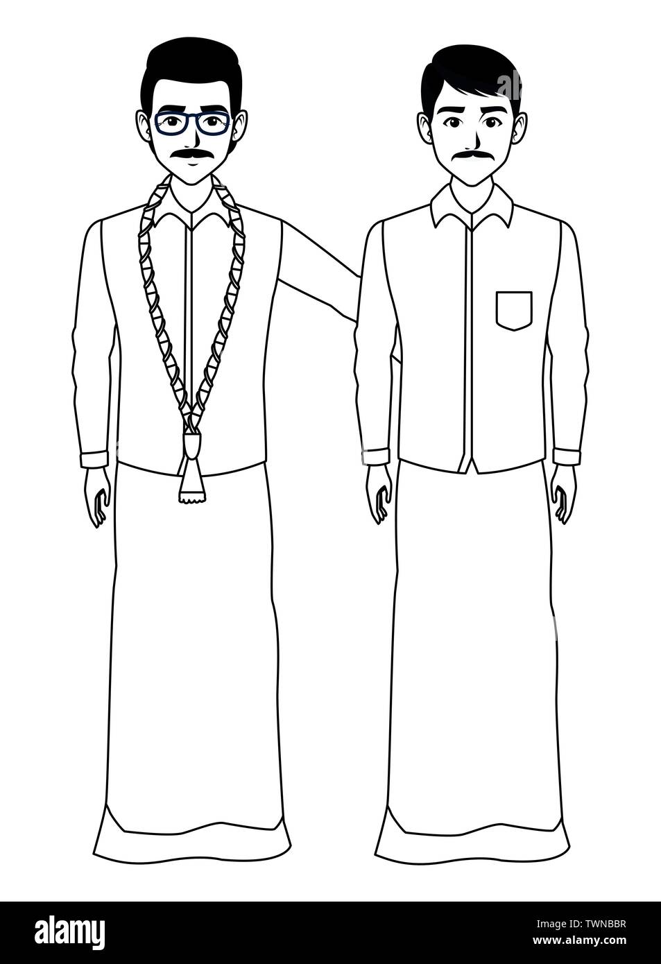 indian men avatar cartoon character in black and white Stock Vector ...