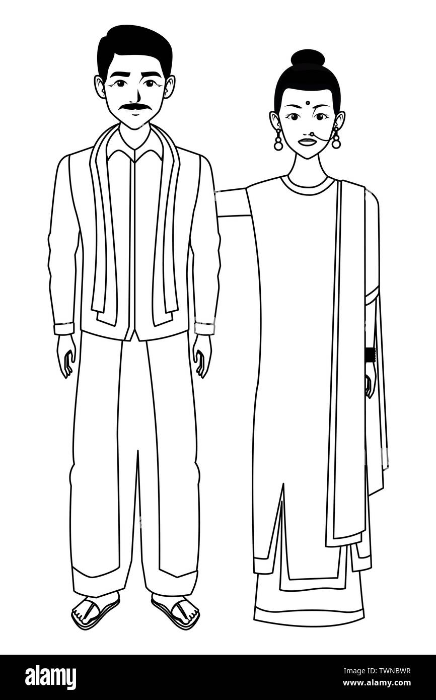 indian family avatar cartoon character in black and white Stock Vector ...