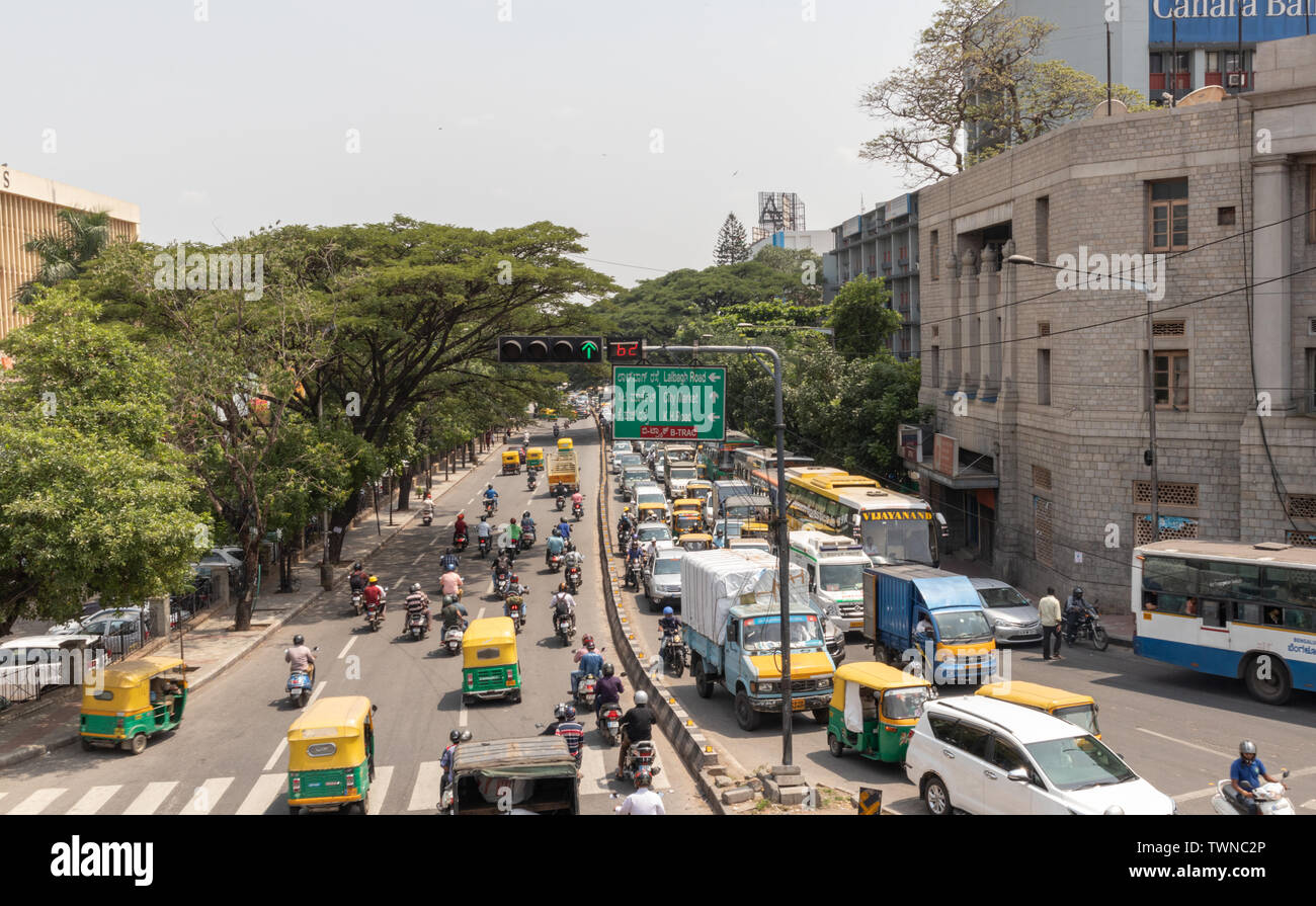 Bangalore, Karnataka India-June 04 2019 : Aerial View of Green traffic light or signal with moving vehicle near Town hall Bengaluru, India. Stock Photo