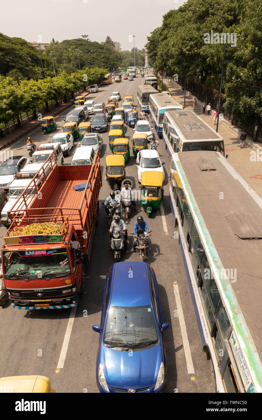 Bangalore, Karnataka India-June 04 2019 : Aerial View of five lane highway road with waiting vehicles near BBMP Bengaluru Office, Karnataka Stock Photo