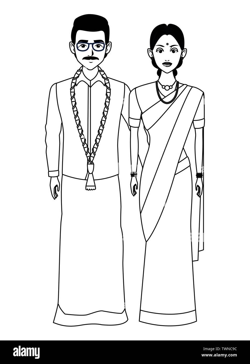 indian family avatar cartoon character in black and white Stock Vector ...