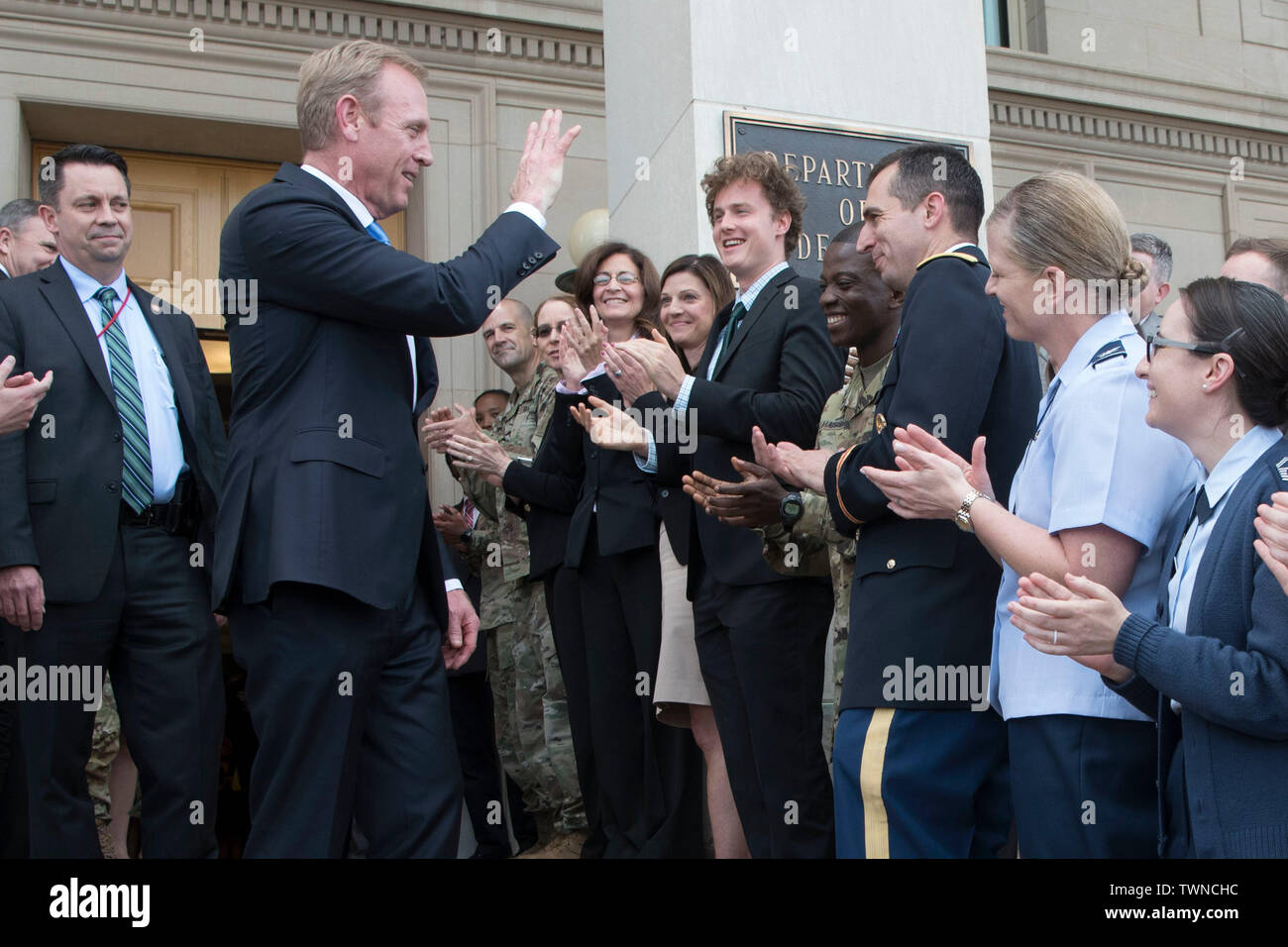 Outgoing Acting U.S Secretary of Defense Patrick M. Shanahan departs the Pentagon in a 'clap out' ceremony, the Pentagon, Washington, D.C., June 21, 2019. (DoD photo by Lisa Ferdinando) Stock Photo