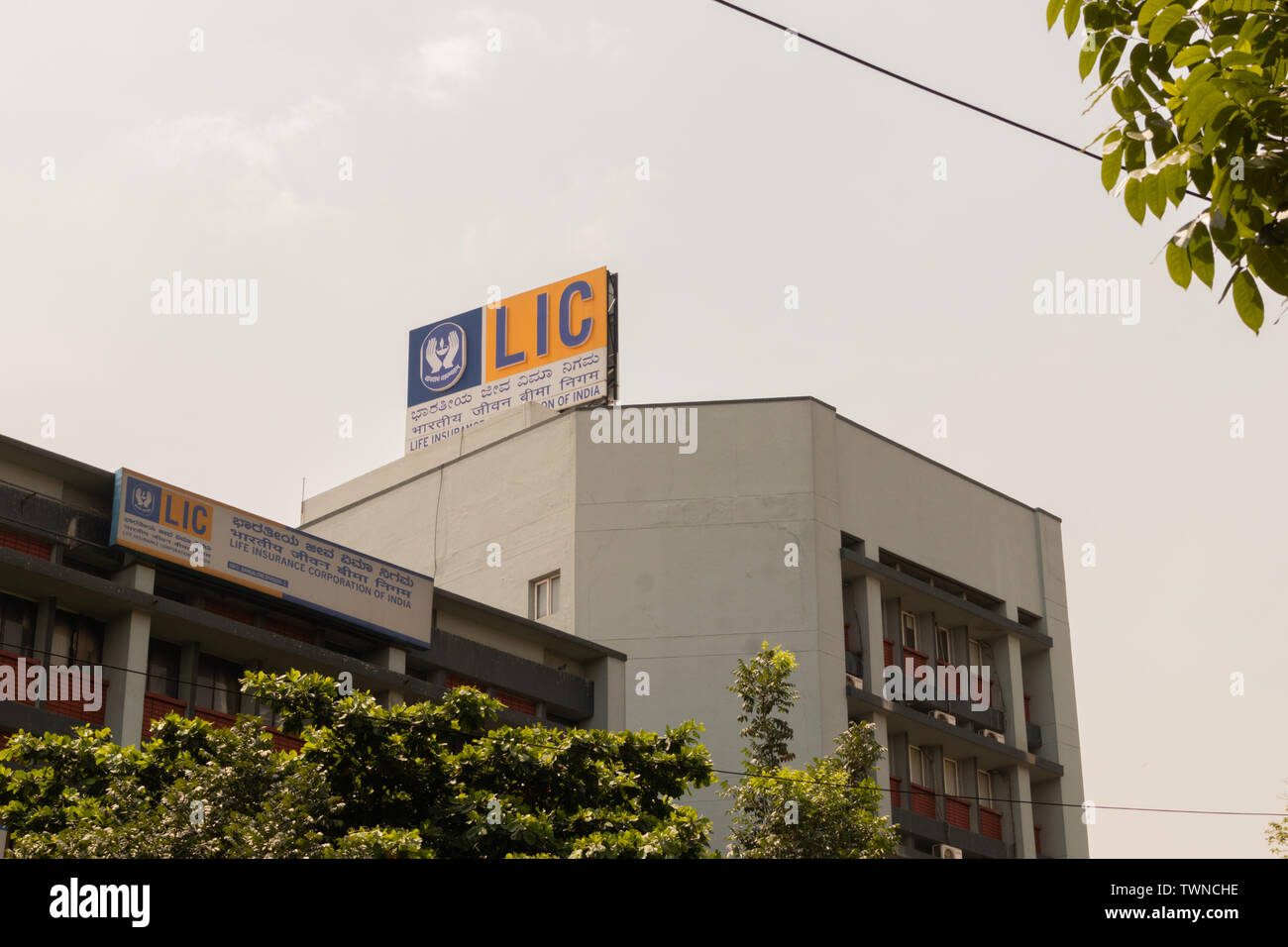 Bangalore, Karnataka India-June 04 2019 : LIC or life insurance corporation of India Bill board on top of the building near townhall Bengalore, India Stock Photo