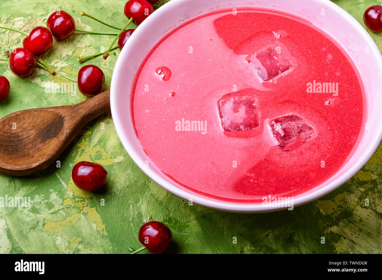 Seasonal fruit soup.Soup with cherry.Cold soup.Fruit soup Stock Photo