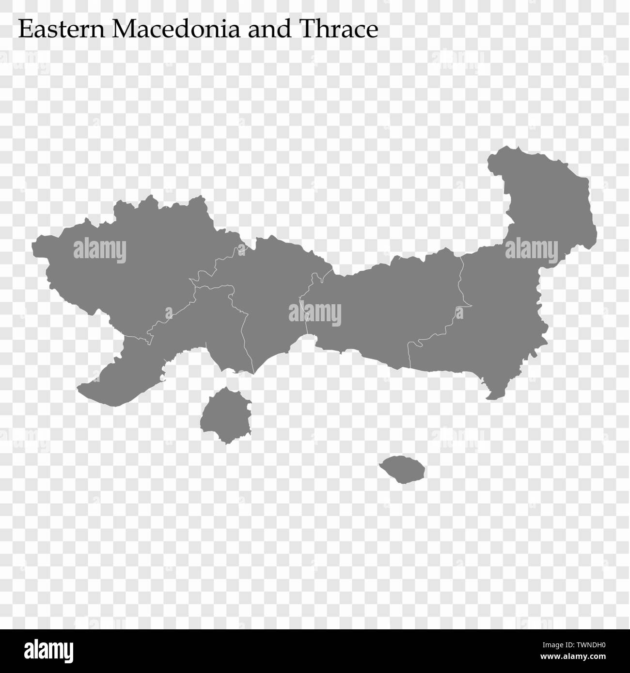 High Quality map of Eastern Macedonia and Thrace is a region of Greece, with borders of the regional units Stock Vector