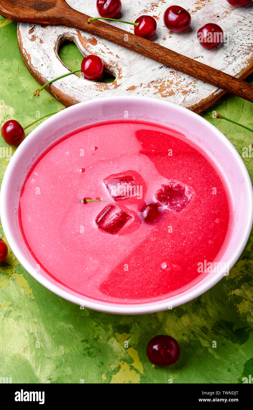 Seasonal fruit soup.Soup with cherry.Cold soup.Fruit soup Stock Photo