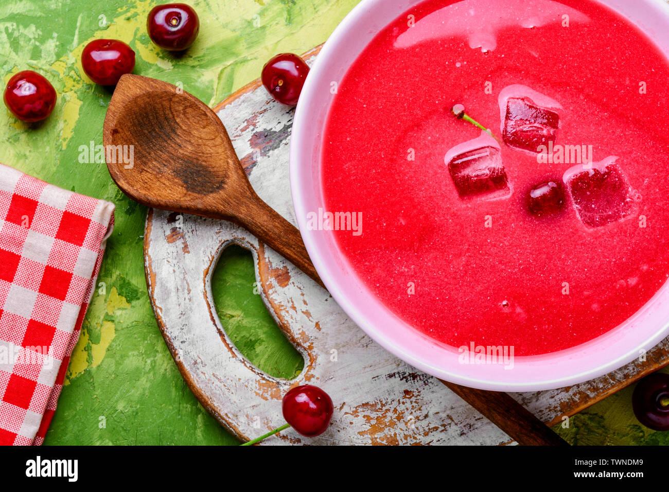 Seasonal fruit soup.Soup with cherry.Cold soup.Fruit soup Stock Photo