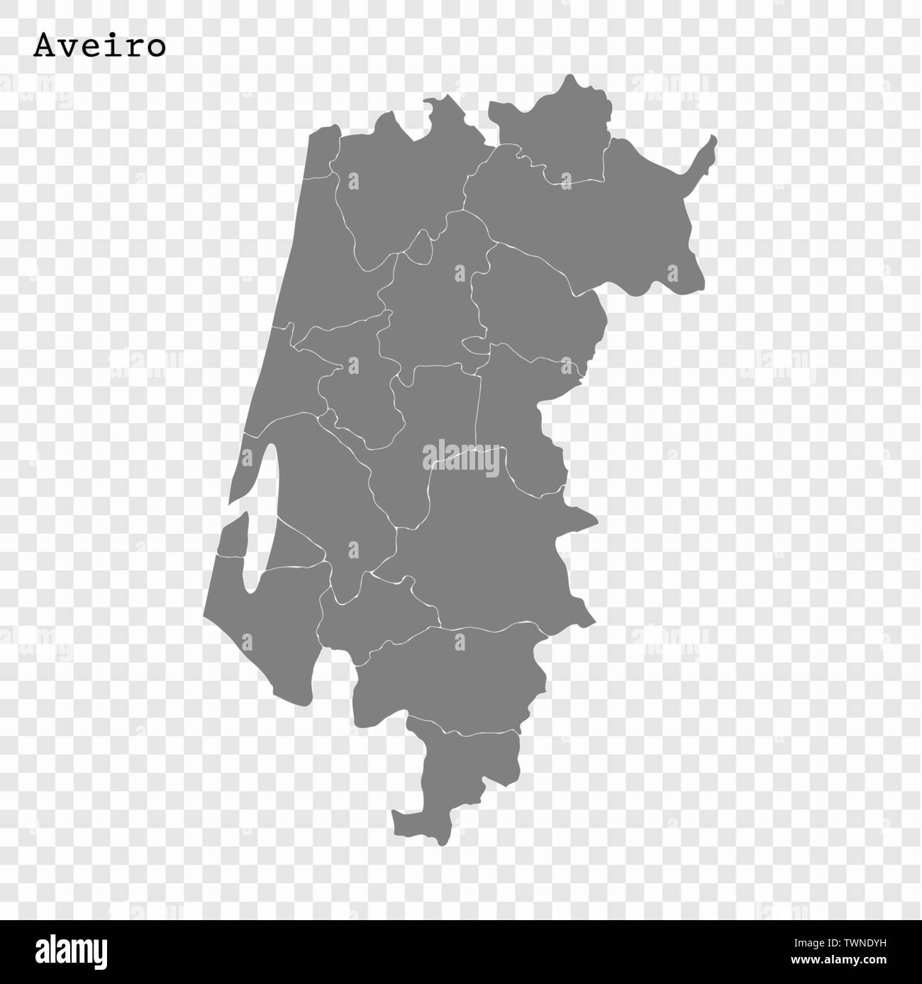 High Quality map of Aveiro is a Region of Portugal, with borders of districts Stock Vector