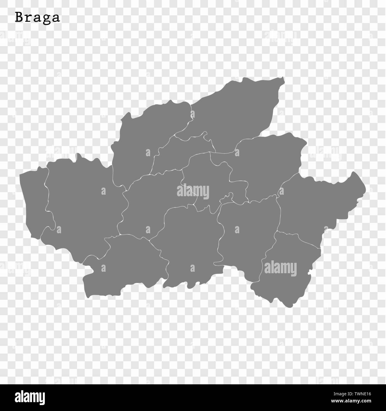 High Quality map of Braga is a Region of Portugal, with borders of ...