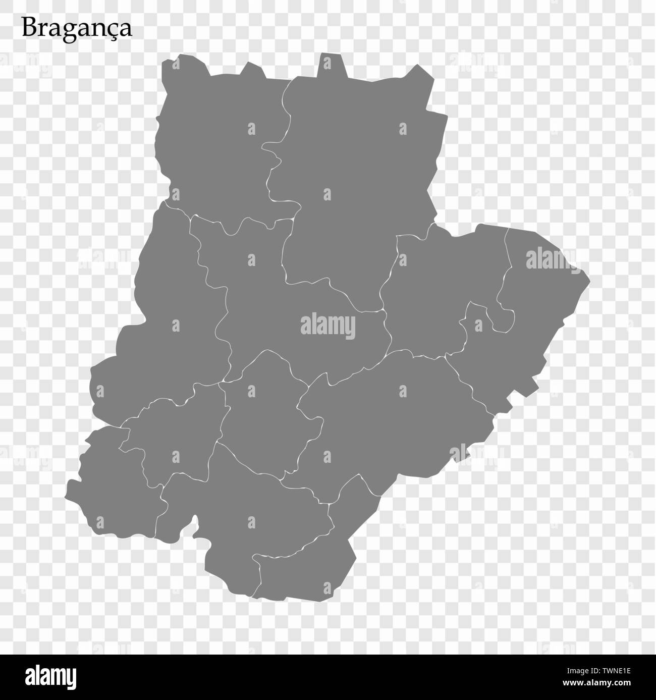 High Quality map of Braganca is a Region of Portugal, with borders of districts Stock Vector