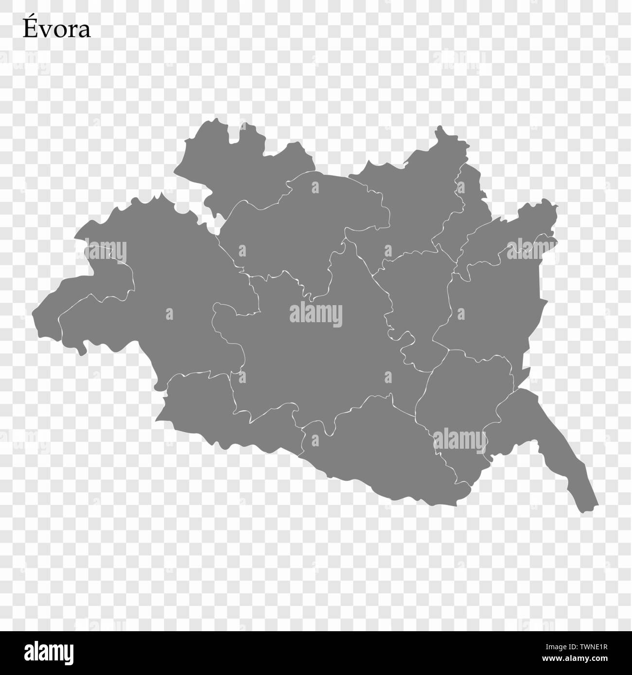 High Quality map of Evora is a Region of Portugal, with borders of districts Stock Vector