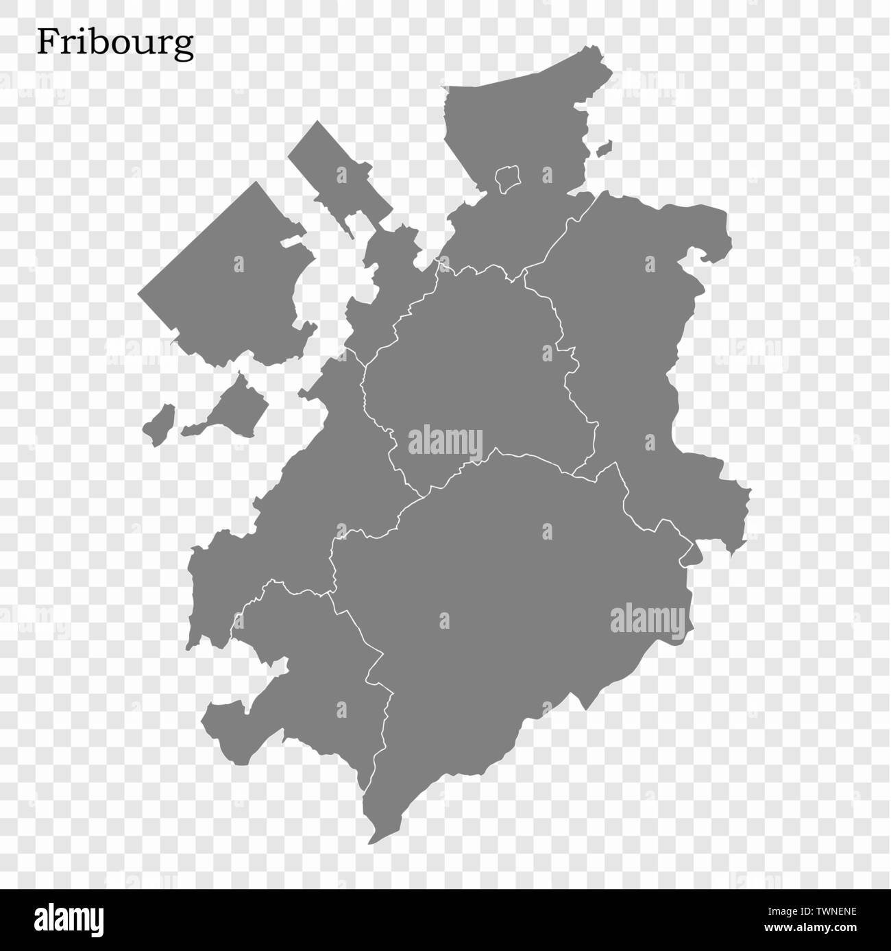 High Quality map of Fribourg is a canton of Switzerland, with borders of the districts Stock Vector