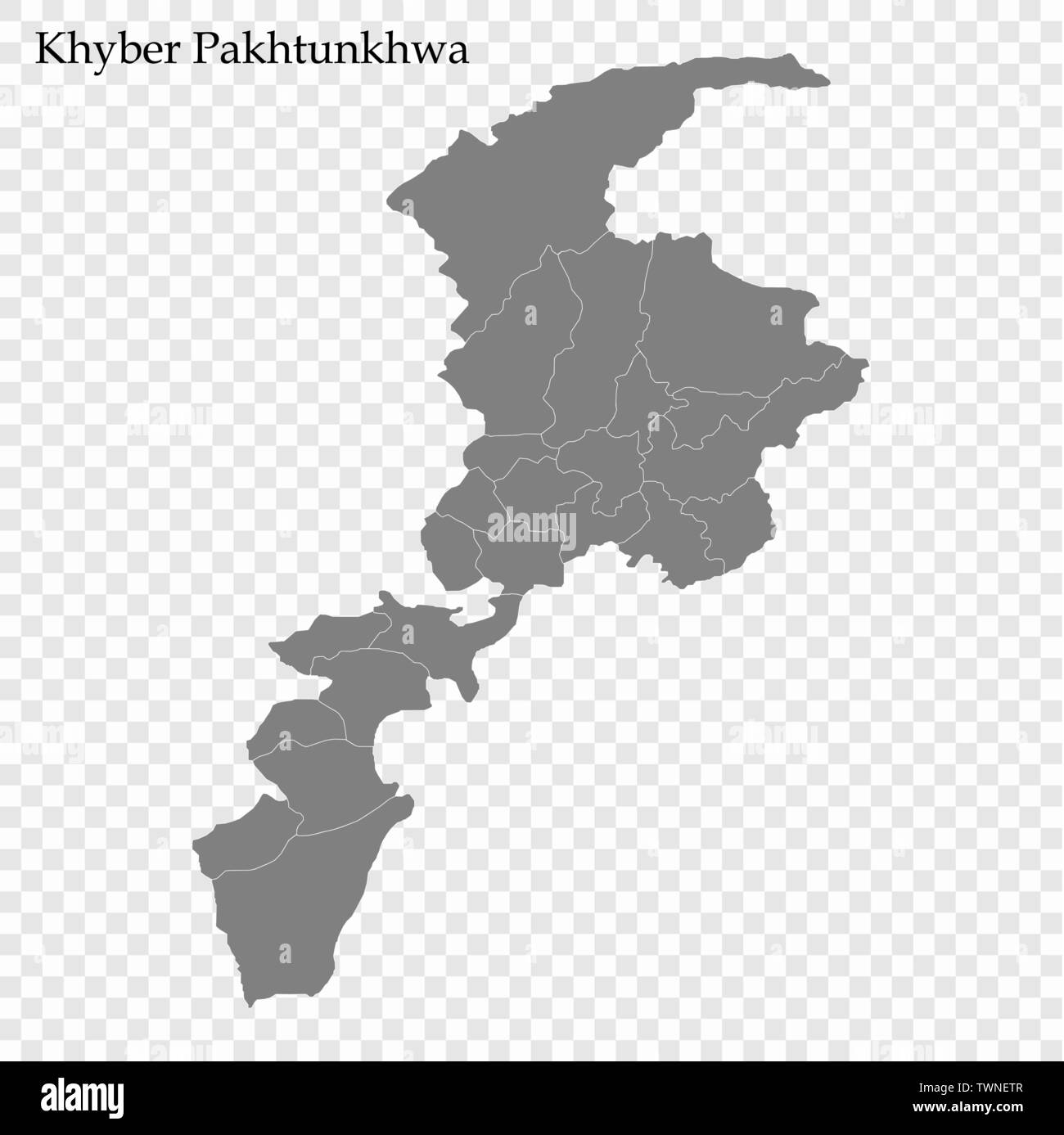 High Quality map of Khyber Pakhtunkhwa is a province of Pakistan, with borders of the divisions Stock Vector