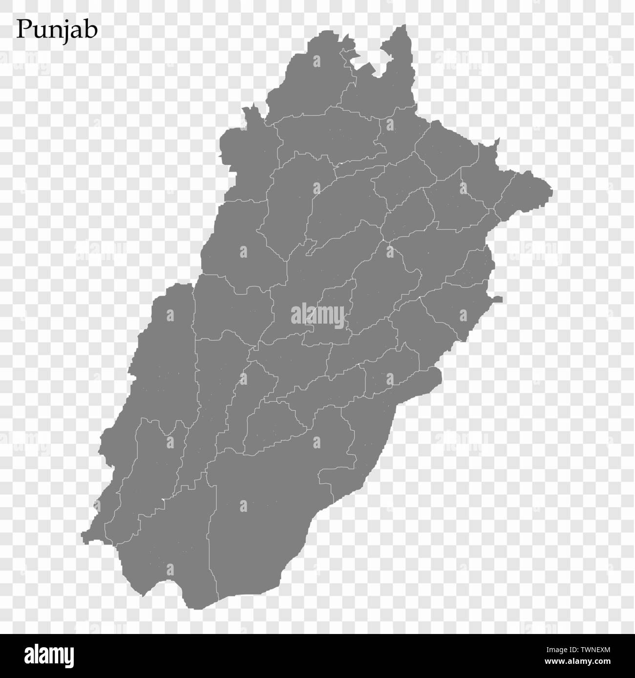 High Quality map of Punjab is a province of Pakistan, with borders of the divisions Stock Vector