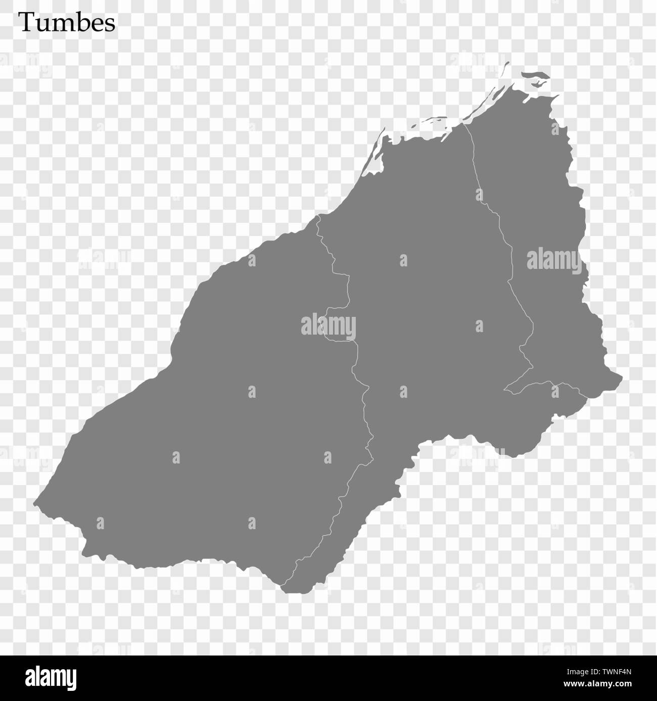 High Quality map of Tumbes is a province of Peru, with borders of the districts Stock Vector
