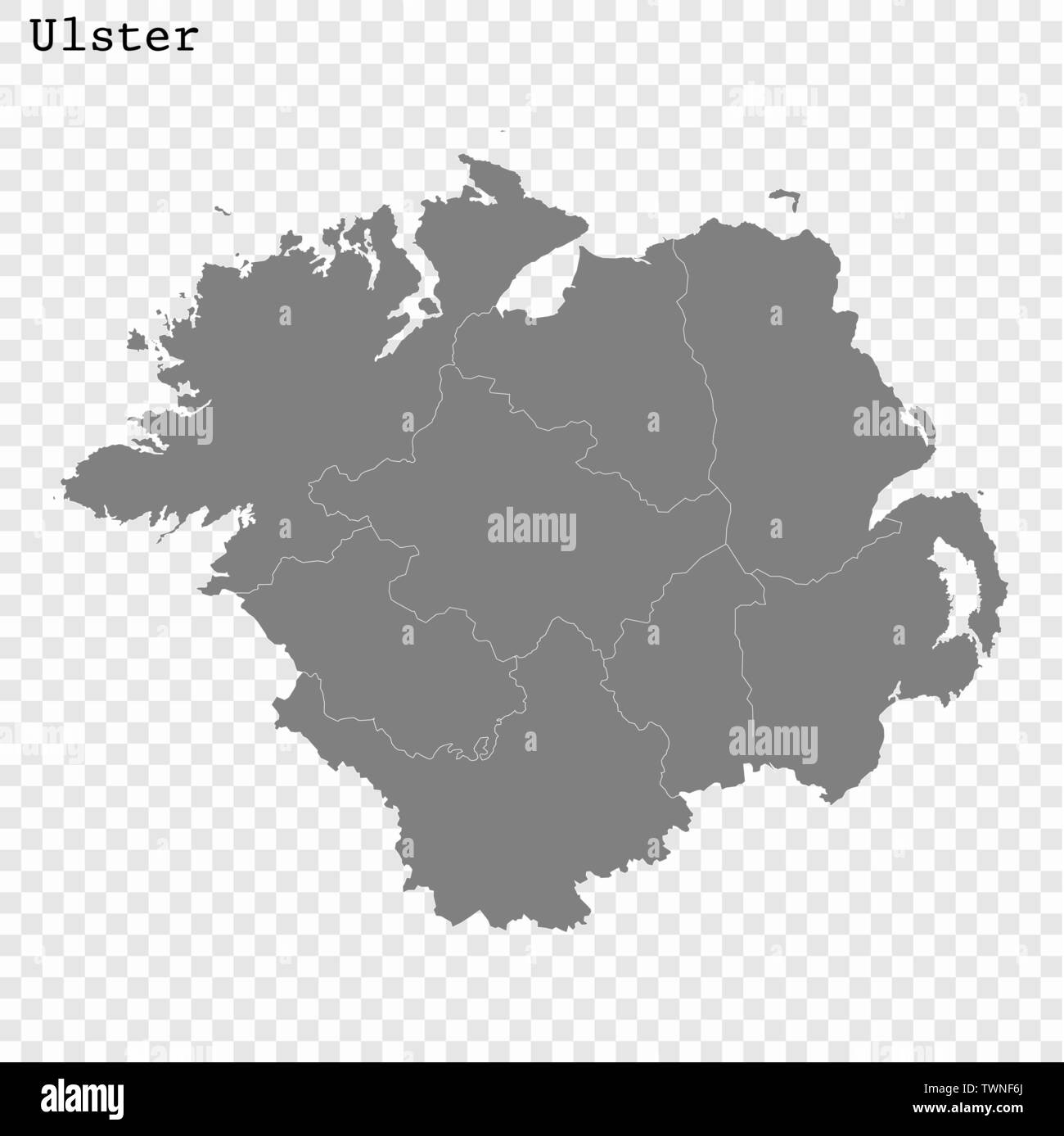 High Quality map of Ulster is a province of Ireland, with borders of the counties Stock Vector