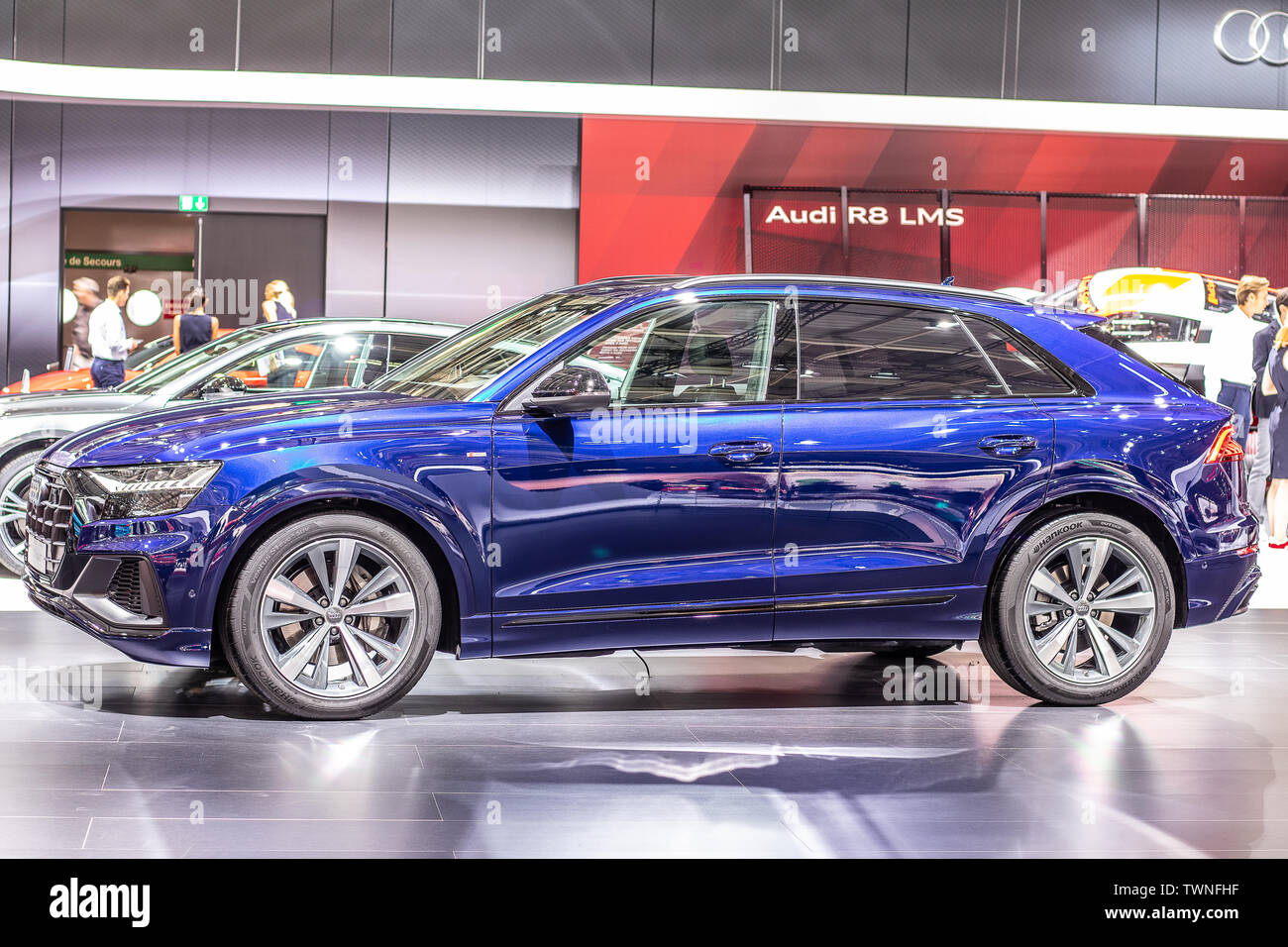 Paris, France, Oct 04, 2018 metallic blue all new Audi Q8 at Mondial Paris Motor Show, flagship SUV produced by German automobile manufacturer Audi AG Stock Photo