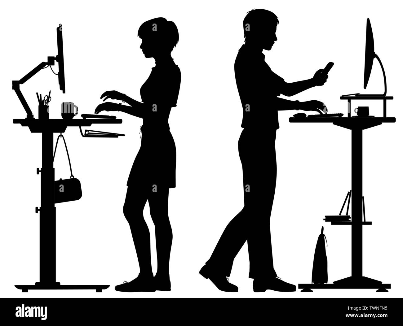 Editable vector silhouettes of a man and woman working at standing office desks with all elements as separate objects Stock Vector
