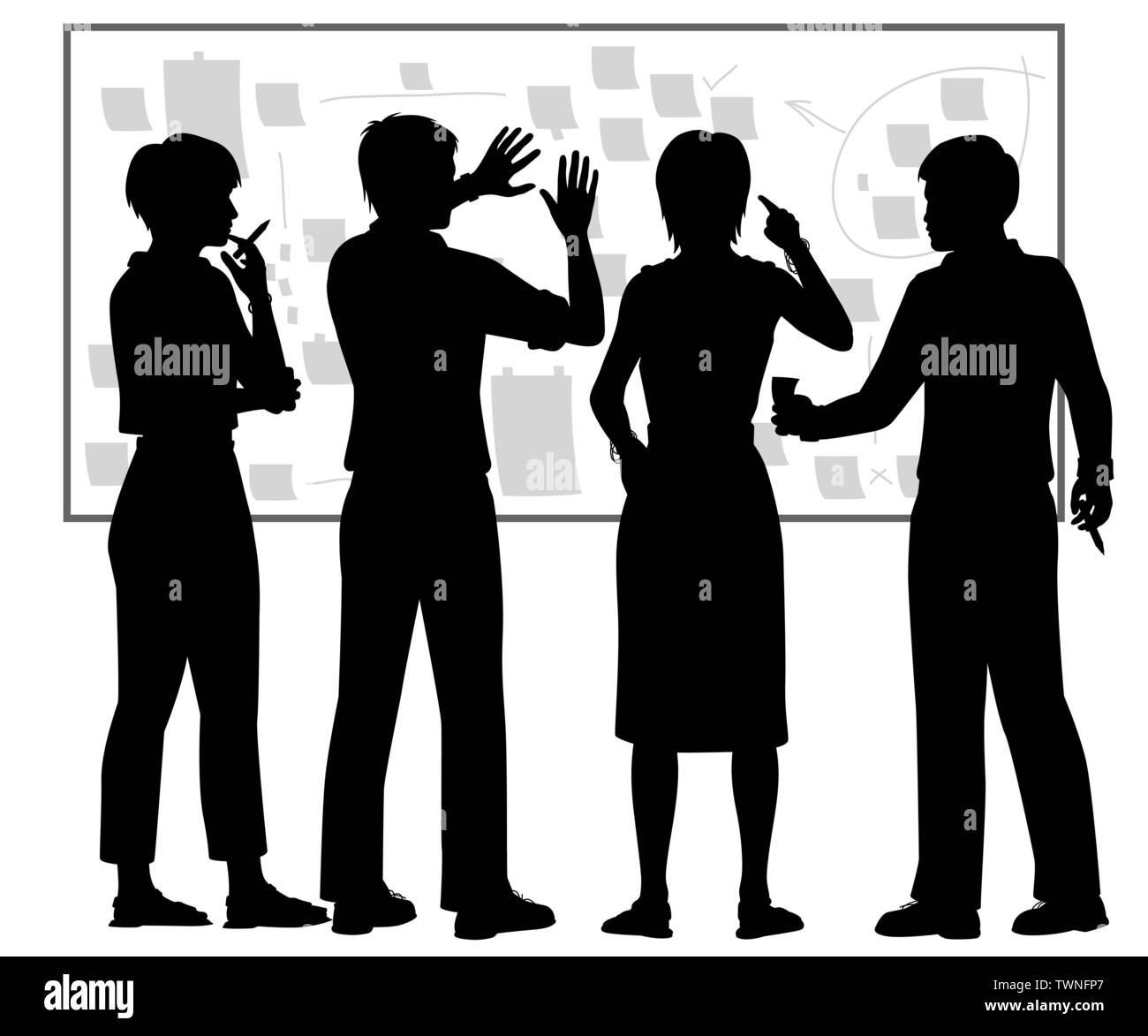 Editable vector silhouette of four people using a board for planning with figures as separate objects Stock Vector