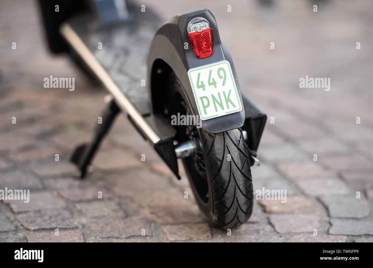 22 June 2019 Hessen Frankfurt Main An Electric Scooter With Number Plate Is Located At The Rental Place Kaiserplatz The Company Tier Mobility Starts The E Scooter Rental From Saturday A Maximum Of Five