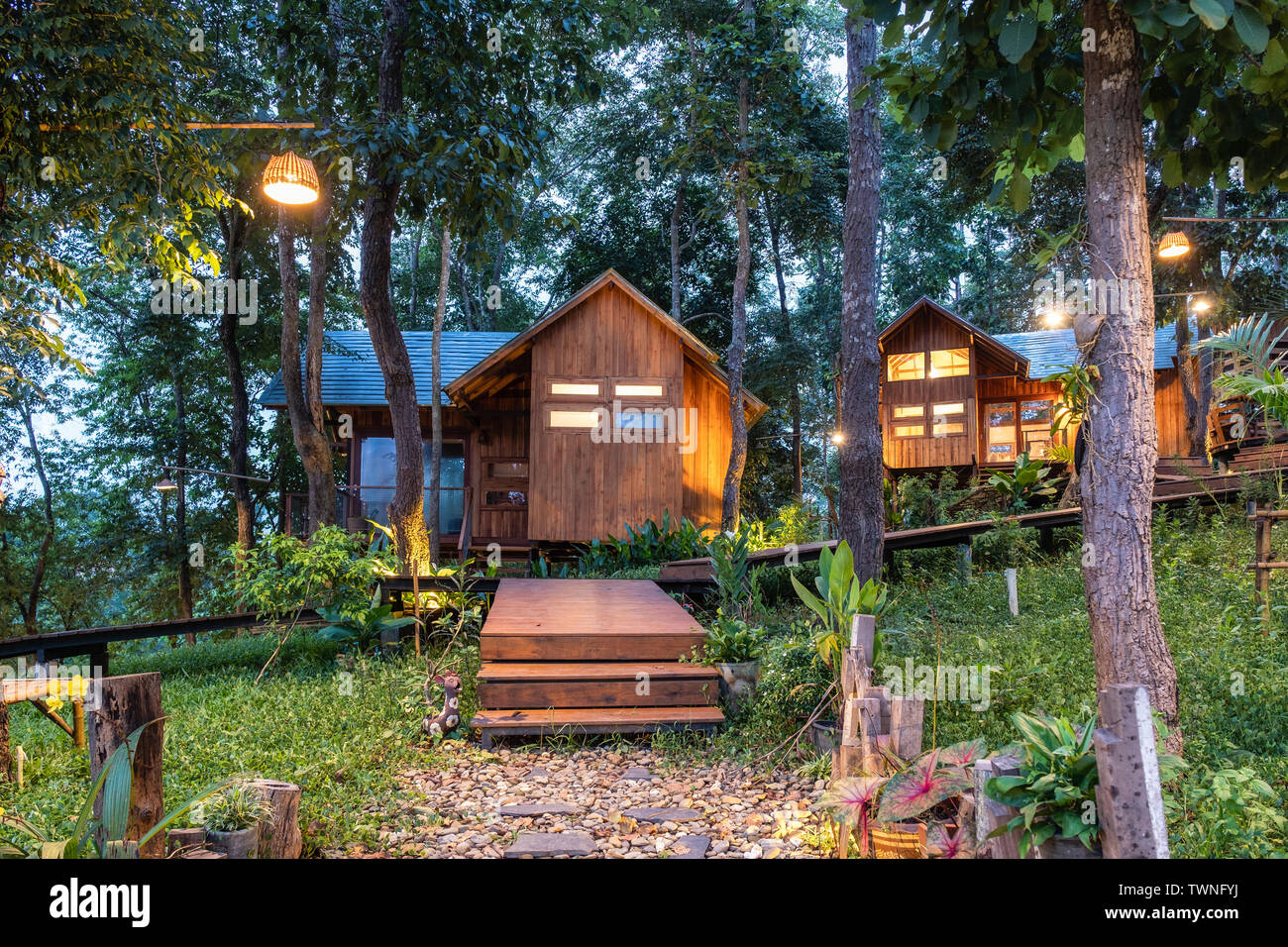 Architecture wooden house with illumination in rainforest Stock Photo ...
