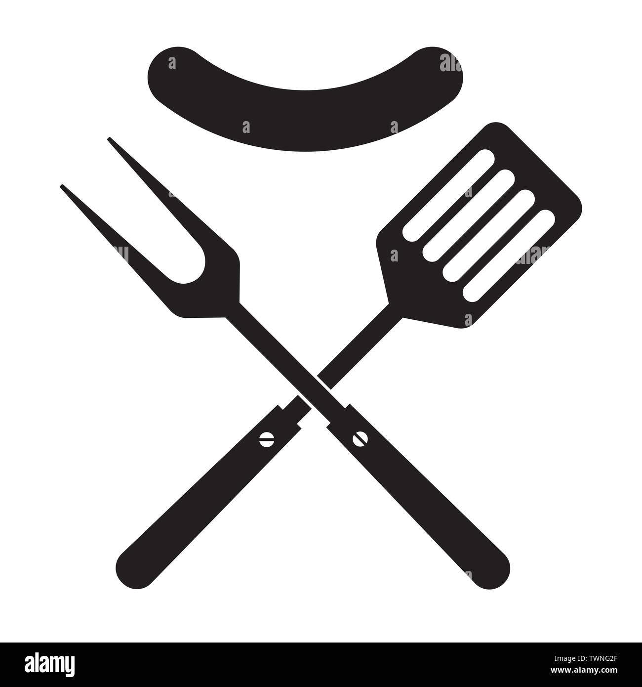 BBQ or grill tools icon. Crossed barbecue fork and spatula with sausage. Symbol template logo. Isolated vector illustration on white background. Stock Vector