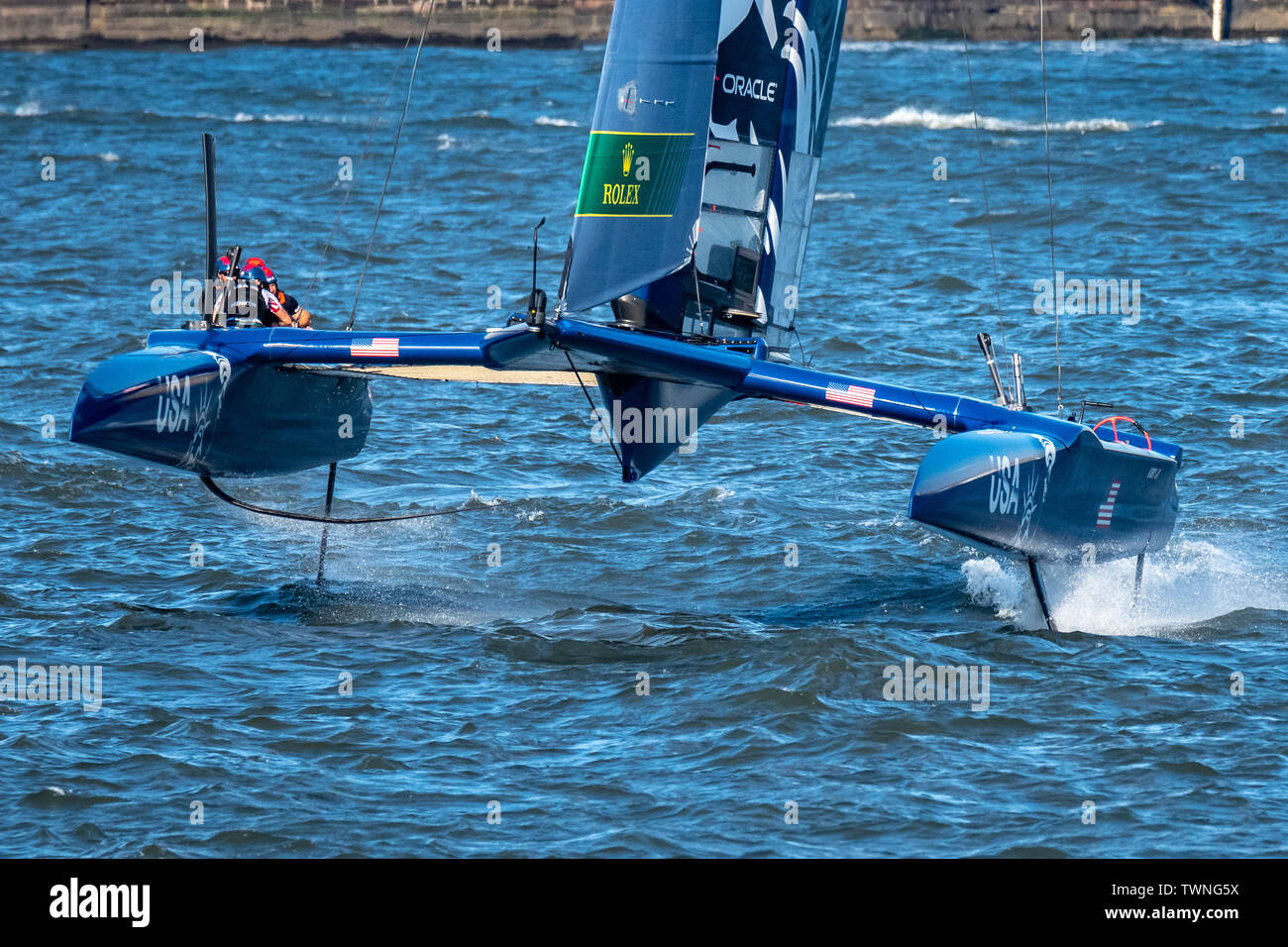New York, USA, 21 June 2019. Team USA SailGP F50 catamaran races in the